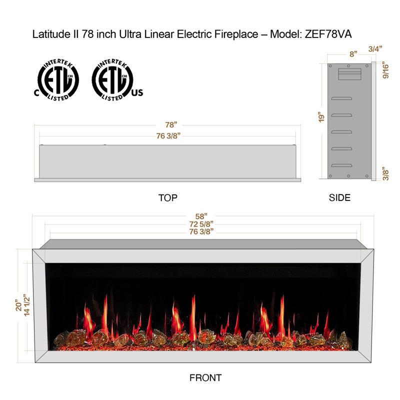 Latitude II 68" Seamless Push-in Electric Fireplace + Reflective Fire Glass (Luster Copper), 19.38" H x 78" W x 8" D