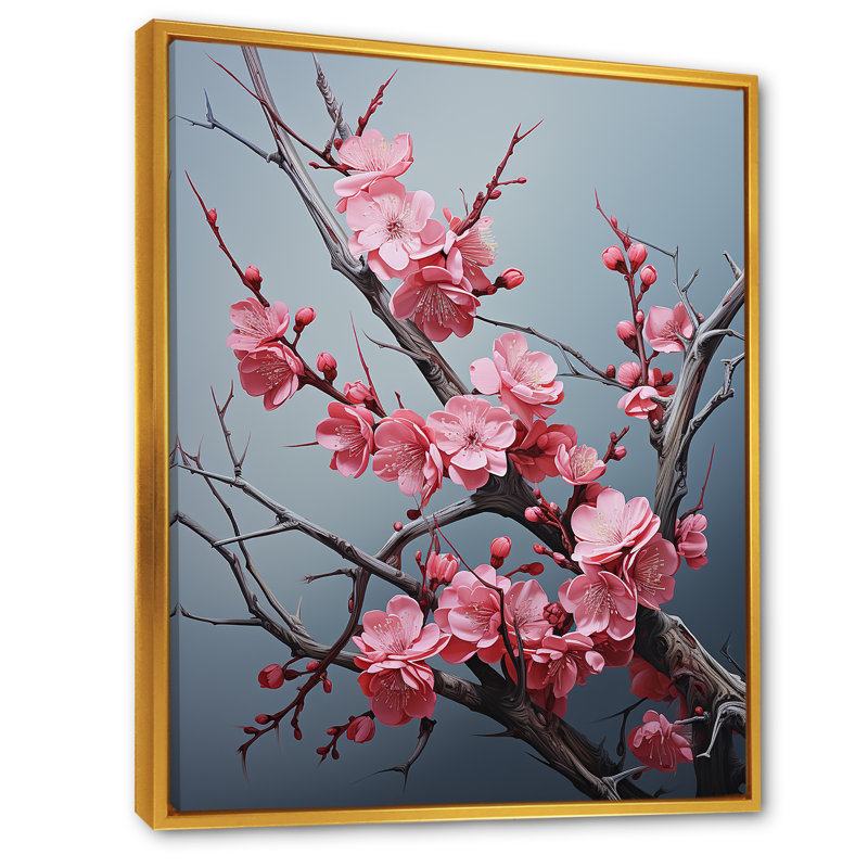Fleurs de cerisier rose fin de l'hiver II - art mural cerisier en fleurs, Cadre flottant doré, H 20 po x l 12 po x P 1 po