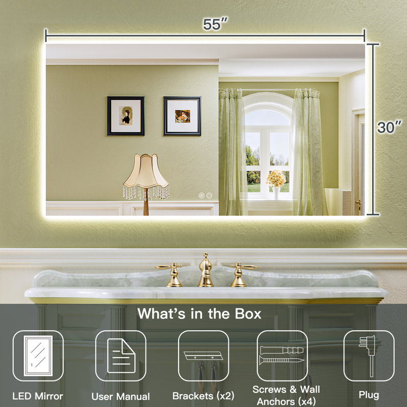 Bathroom LED Mirror with Backlit, Anti Fog Lighted Vanity Mirror with Stepless Dimmable, ETL Listed, IP54 Waterproof, CRI90+, HD Tempered Glass
