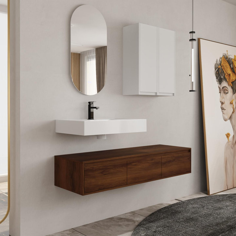 Meuble-lavabo mural 60 po avec lavabo en résine et armoire d'appoint 60 po, tiroir à fermeture en douceur, fixation à flotteur