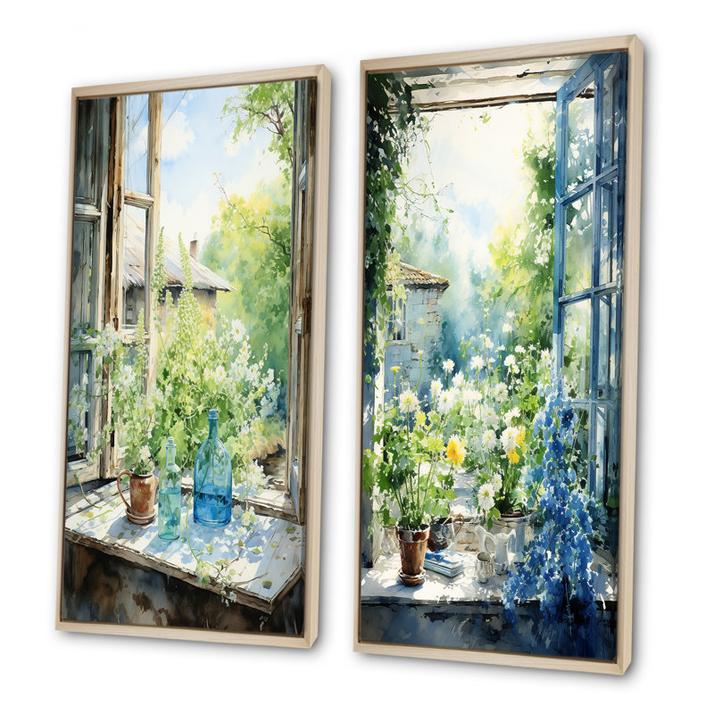 Ensemble de 2 impressions sur toile vertes et bleues, H 32 po x l 33 po, Encadrement brun