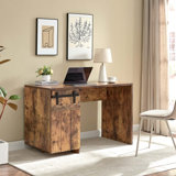 Home Office Desk w/ Distressed Wood Grain, Faux Barn Door Cabinet, Shelves, & Metal Hinges