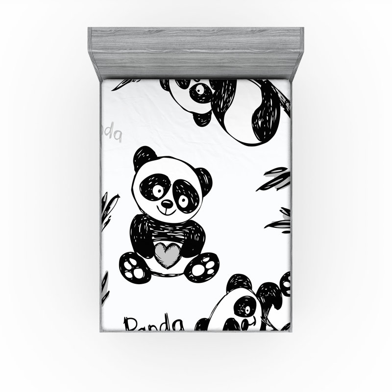 Ambesonne Cartoon Fitted Sheet 2-Pack Hand Drawn Panda Poses White and Black, Full Fitted Sheet