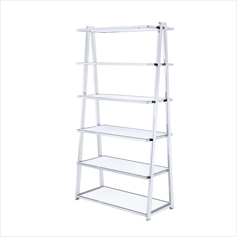 Bibliothèque rectangulaire de 71 pouces de hauteur et 36 pouces de largeur en bois synthétique blanc ultrabrillant avec structure ouverte en métal argenté