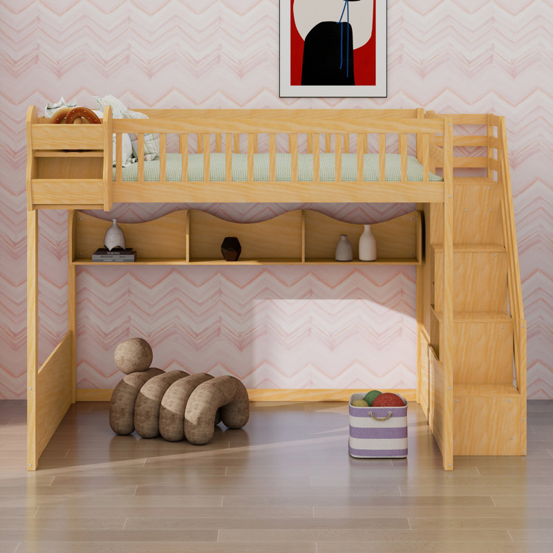 Wooden Loft Bed With Staircase And Wardrobe,Storage Shelves And Under-Bed Space, Natural