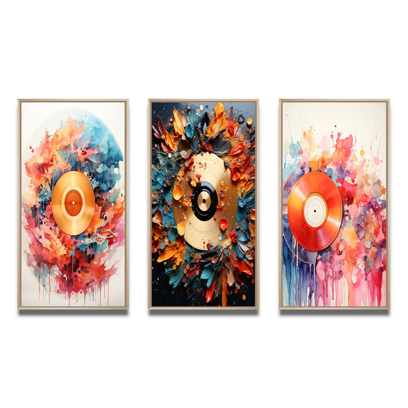 «Colorful Vinyle Grooves», 3 pièces sur toile, H 32 po x l 48 po, Encadré naturel