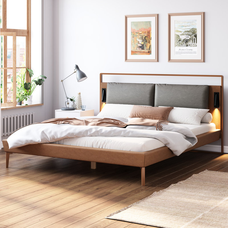 Queen Panel Bed In Brown&Gray Faux Leather, With 2Pcs Adjustable Night Lights, High - Density Solid Wood Slats And No Box Spring Needed Leather Upholstery, Resilient Sponge Filling Necessity