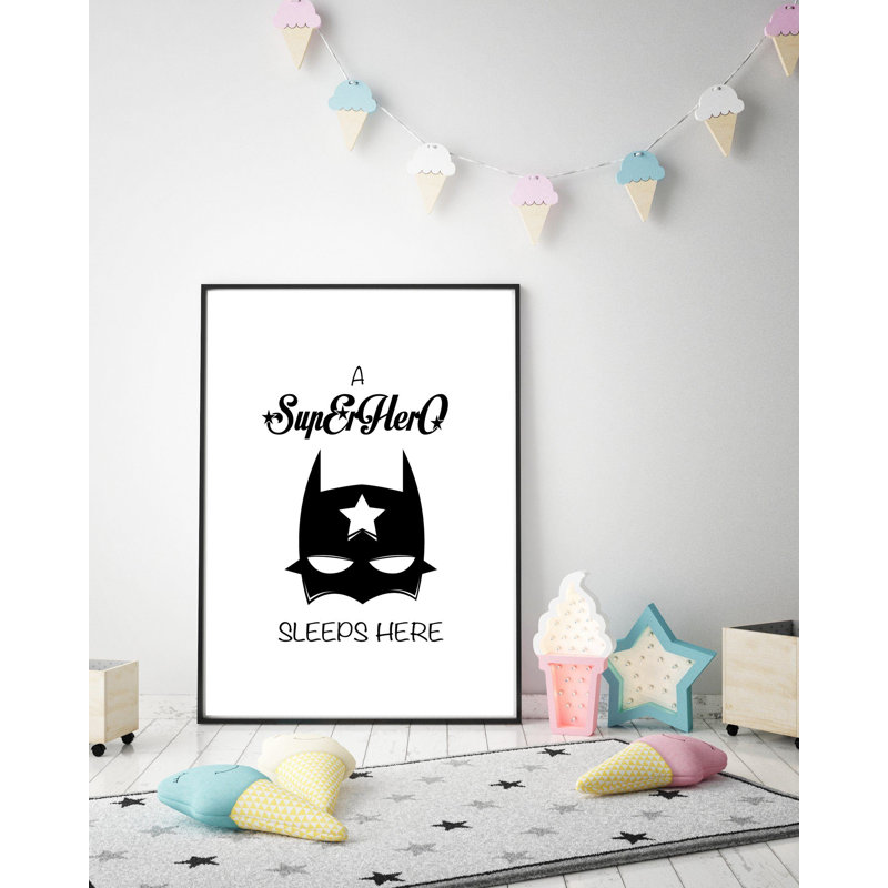 A Super Hero Sleeps Here Nursery Wall Art - Print, Black Framed, 75cm H x 55cm W x 5cm D