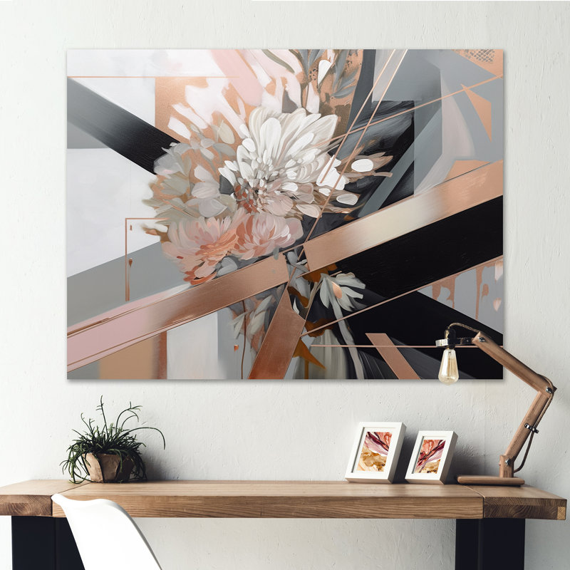 «Rose Gold Linear Floral Elegance I», reproduction sur toile florale, H 12 po x l 20 po x P 1 po, Toile tendue