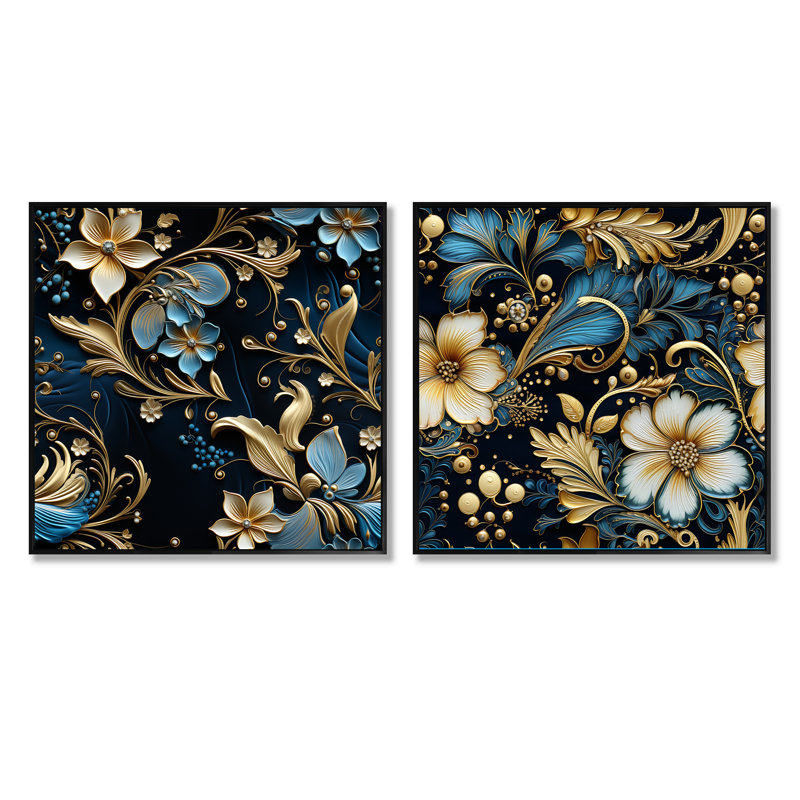 Raquel - Ensemble de 2 collages carrés floral et botanique, Cadre flottant noir, H 16 po x l 33 po