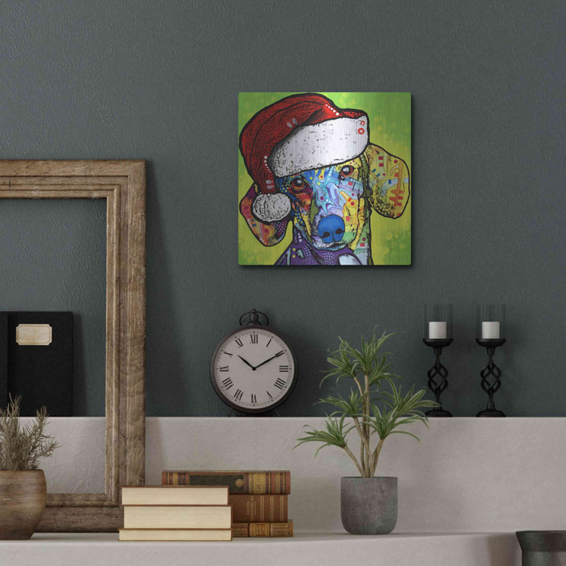 «Dachshund Christmas» par Dean Russo - peinture sur métal sans cadre, L 12 po x H 12 po x P 0,13 po