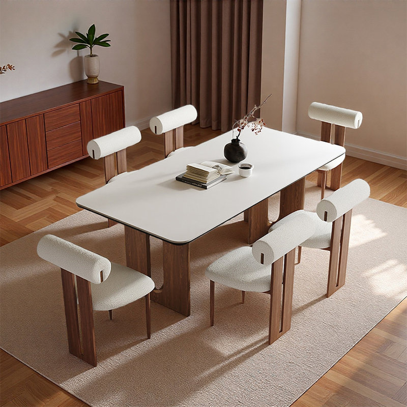 Ensembles de table à manger rétro élégants, H 29,53 po x L 70,87 po x l 35,43 po, 7 pièces : table, 6 chaises, Blanc