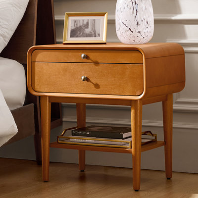 Palig 24"Tall Mid-Century Modern 2-Drawer Solid Wood Veneer with Built-In Charging End Table by Hokku Designs
