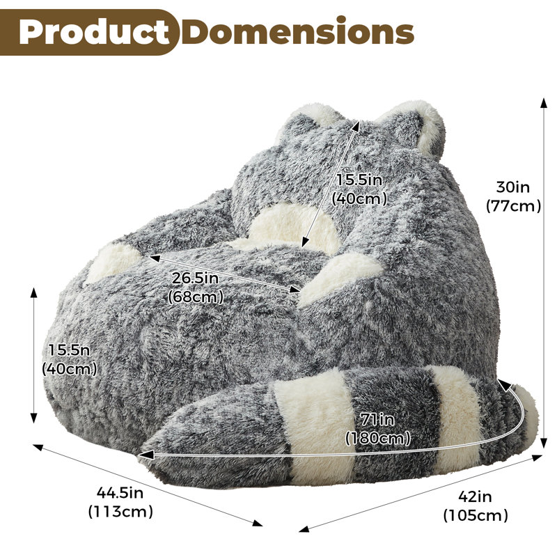 Giant Black Raccoon Compression Bean Bag With Detachable Tail, Fluffy Lazy Chair, Black Faux Fur