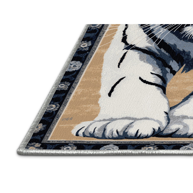  Tapis blanc lavable avec yeux de tigres et grands chats, Rectangle 6 pi x 9 pi