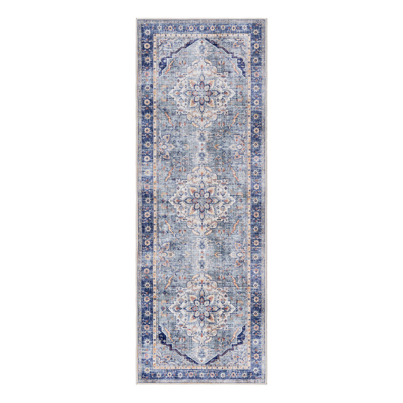 Samira Tiefi Navy Blue Ivory Multi Machine Washable Traditional Medallion Indoor Area Rug, Flat Pile for Living Room & Bedroom - Navy, 2x6 Runner