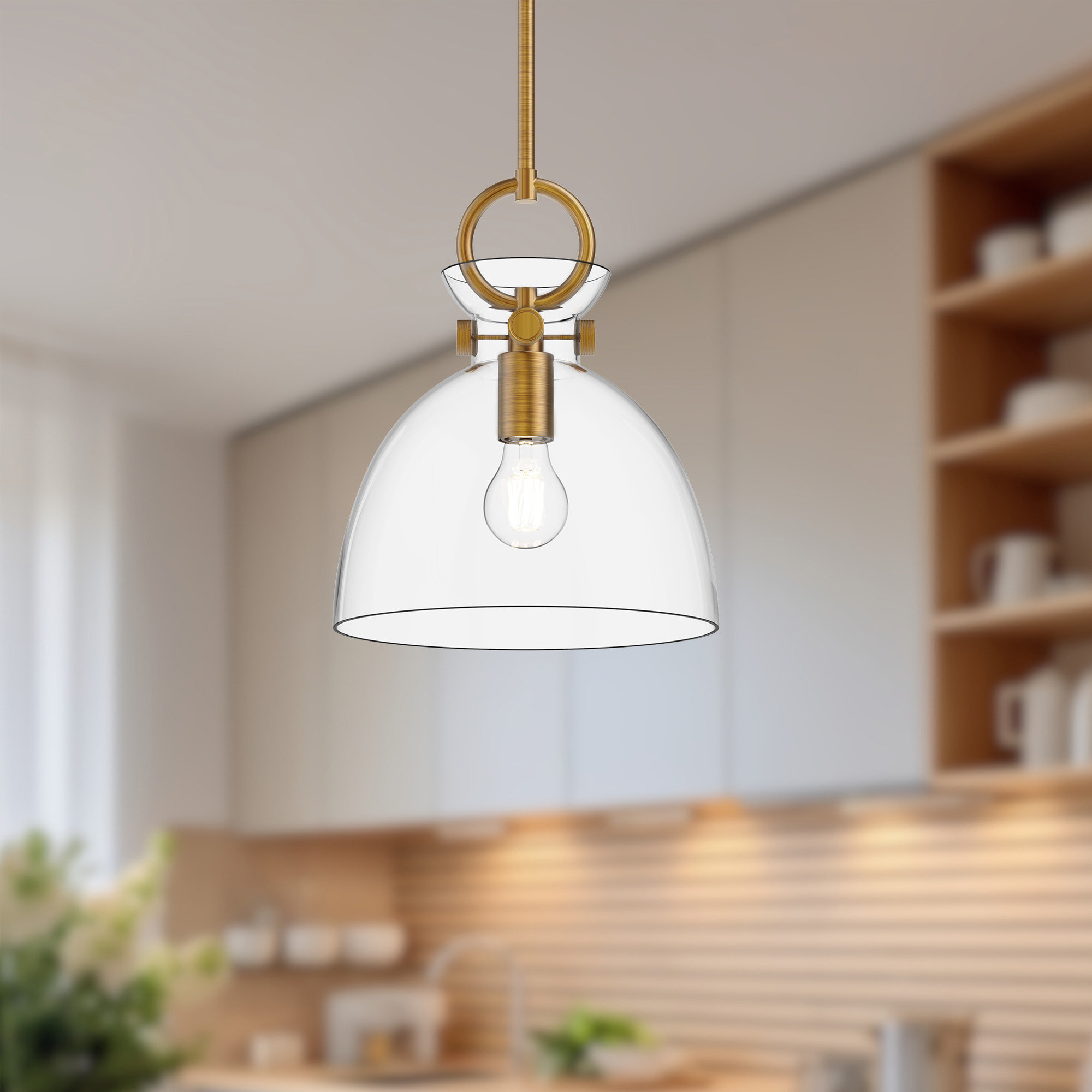 Tinka Single Light Glass Steel Pendant, 12.75" H x 10.5" W x 10.5" D, Aged Gold, Clear