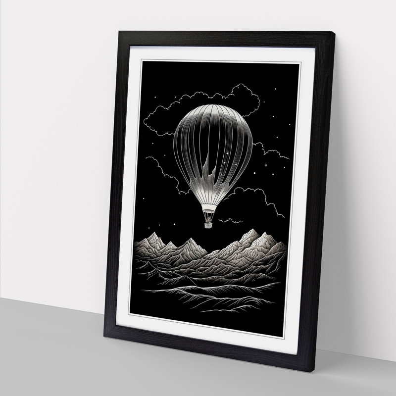 Hot Air Balloon Line - Single Picture Frame Print on Wood, 64cm H x 46cm W x 2cm D, Black Framed