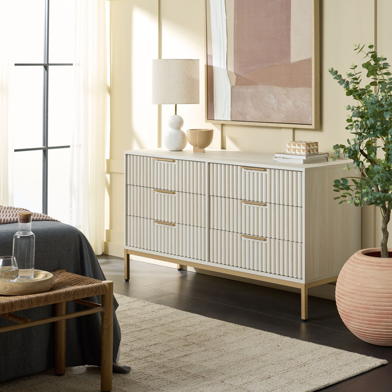 Burgess 6 Drawer Dresser, Bleached White/Gold