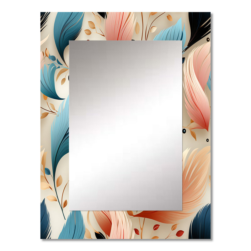 Dejanee Blue And Beige Feathered Animal Elegance - Abstract Decorative Mirror, Abstract Wall Mirror, Printed Metal Art