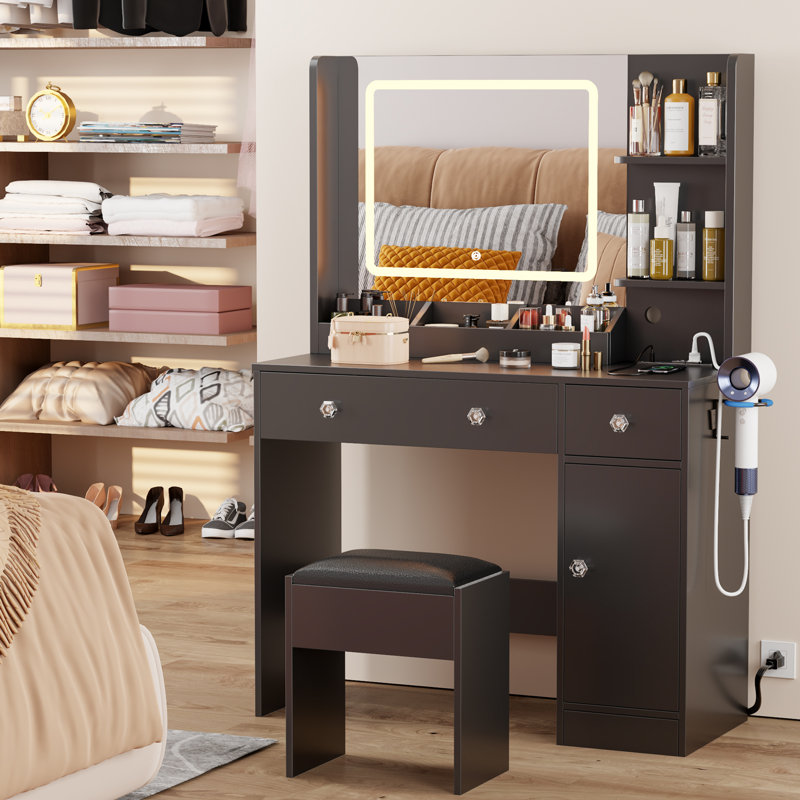 34" W Vanity Desk Set With Led Lighted Mirror & Power Outlet, Makeup Table Top with 3 Open Bookcases, 2 Drawers, Dresser Table for Bedroom, Checkroom