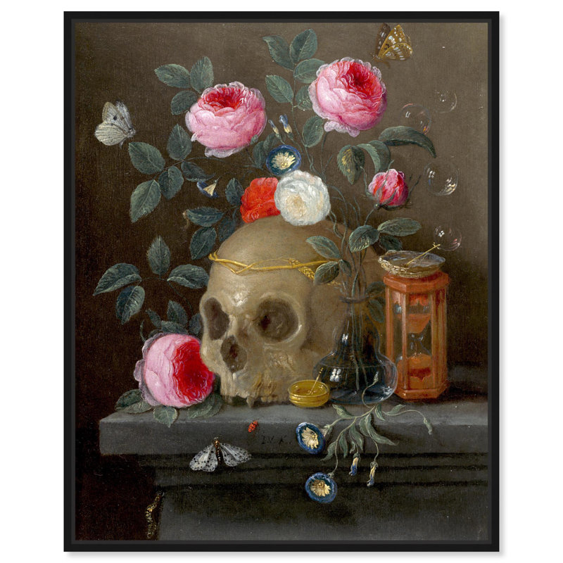 Art floral rétro sur toile Vanitas, Cadre noir, H 21 po x l 17 po