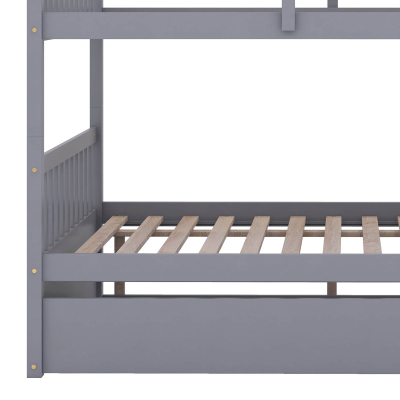 Full Over Full Rubber Wood Bunk Bed With Trundle, Convertible To 2 Full Size Beds, With Twin Size Trundle, Gray