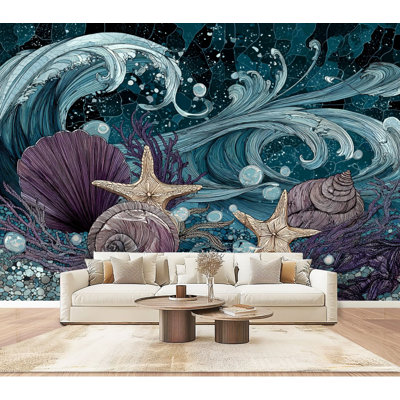 Papier peint adhésif en verre teinté bord de mer Coquillage et coquillages Seastars murales Papier peint en PVC amovible H 100 po x l 144 po, décoration murale pour le salon de la chambre à coucher