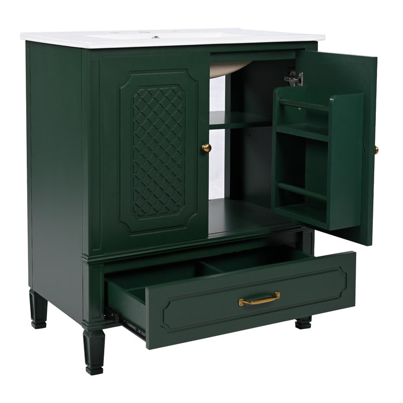 Meuble-lavabo simple 30 po avec lavabo sur pied, Vert, Doré