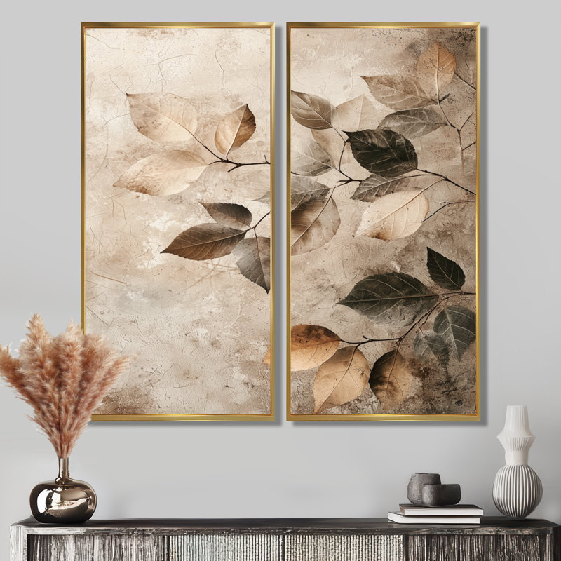 «Taupe Leaves Mosaic Collage», ensemble d'art mural encadré à feuilles, H 32 po x l 32 po, Reproduction avec cadre flottant