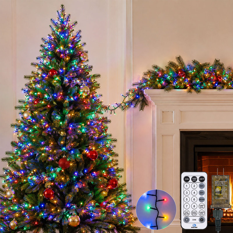 Guirlande lumineuse de Noël de 15 m (50 pi) avec 1000 DEL, télécommande et minuterie, effet pétard multicolore, à brancher, fonction mémoire et 12 modes d'éclairage, étanche, pour fenêtre, porche ou extérieur.