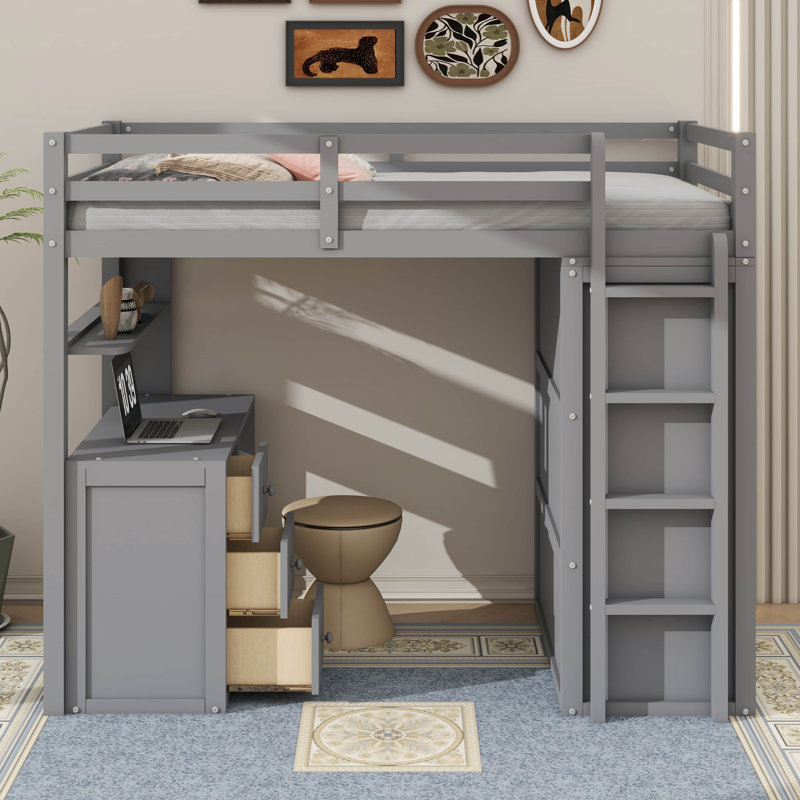 Lit mezzanine polyvalent avec tiroirs de rangement intégrés, bureau de travail spacieux et armoire de style armoire, Gris