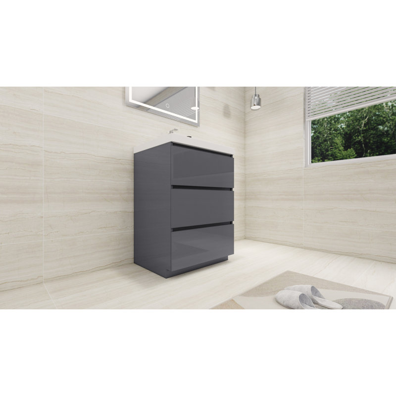 Meuble-lavabo autoportant Rheana 24 po avec évier en acrylique renforcé, Gris à haute brillance