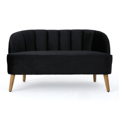 Causeuse, coutures en bois, pieds en bois effilés, velours noir 50 po