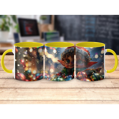 3D Design 11oz Accent Mugs – Ceramic Coffee Cup with a Yellow Handle and Interior