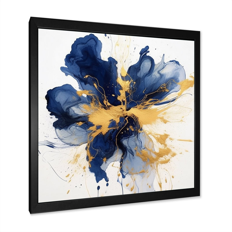 «Dark Blue and Gold Strokes I», art mural sur toile Fractals, Cadre simple noir, H 16 po x l 16 po x P 1 po