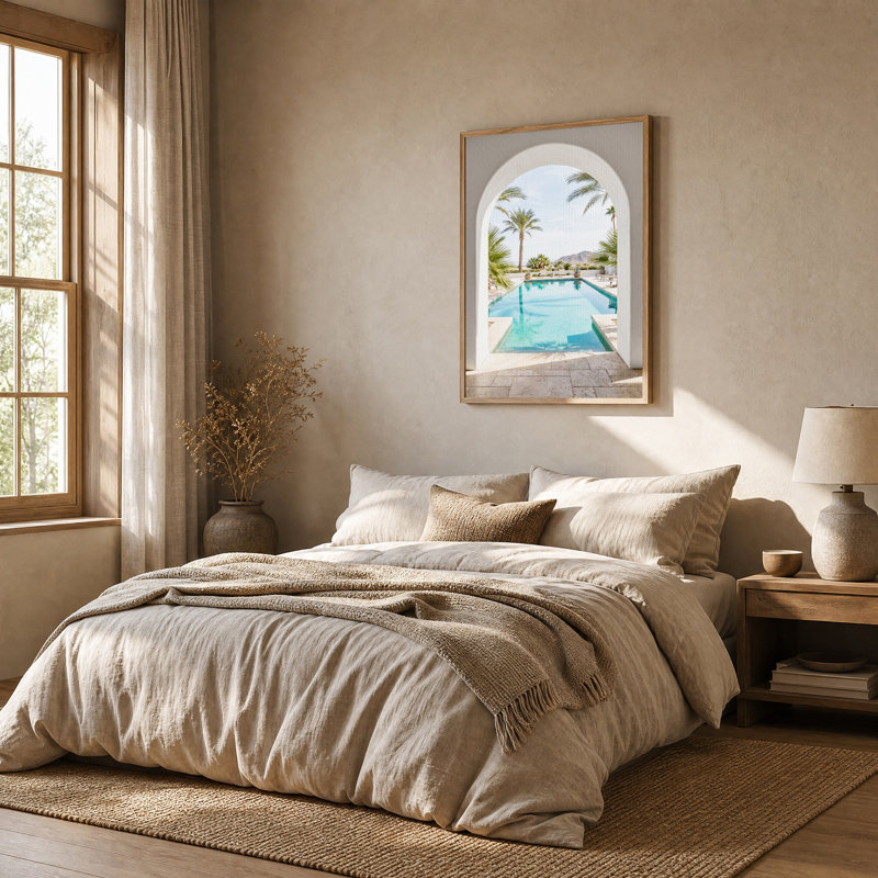 Tableau sur toile représentant une piscine turquoise et des montagnes à travers une arche blanche, H 48 po x l 36 po