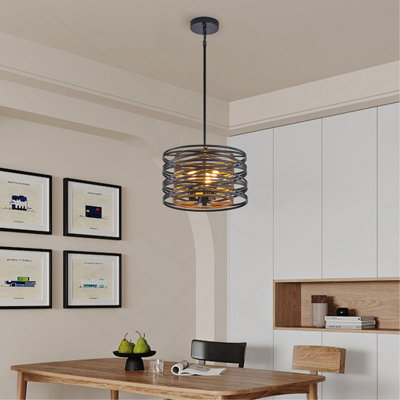 Luminaire suspendu 13 po rustique industriel, cage à 3 lumières en métal noir et noyer avec accents en bois pour îlot de cuisine et salle à manger (ampoules non incluses)