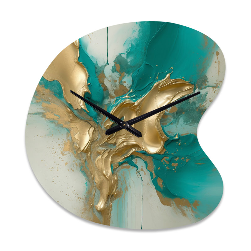 Horloge murale or et turquoise, encre fluide en marbre II - forme unique en métal, horloge murale asymétrique moderne, Petit