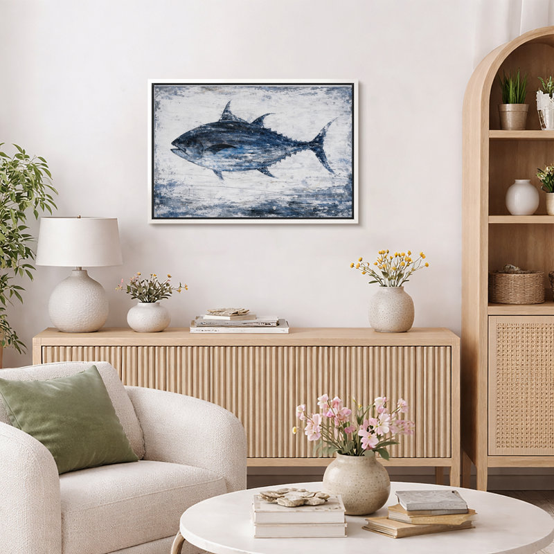 Blue Tuna Fish Artwork, Coastal Marine Life Living Room Pictures, Framed Canvas Giclee Print Wall Art, 24" H x 36" W x 1.5" D