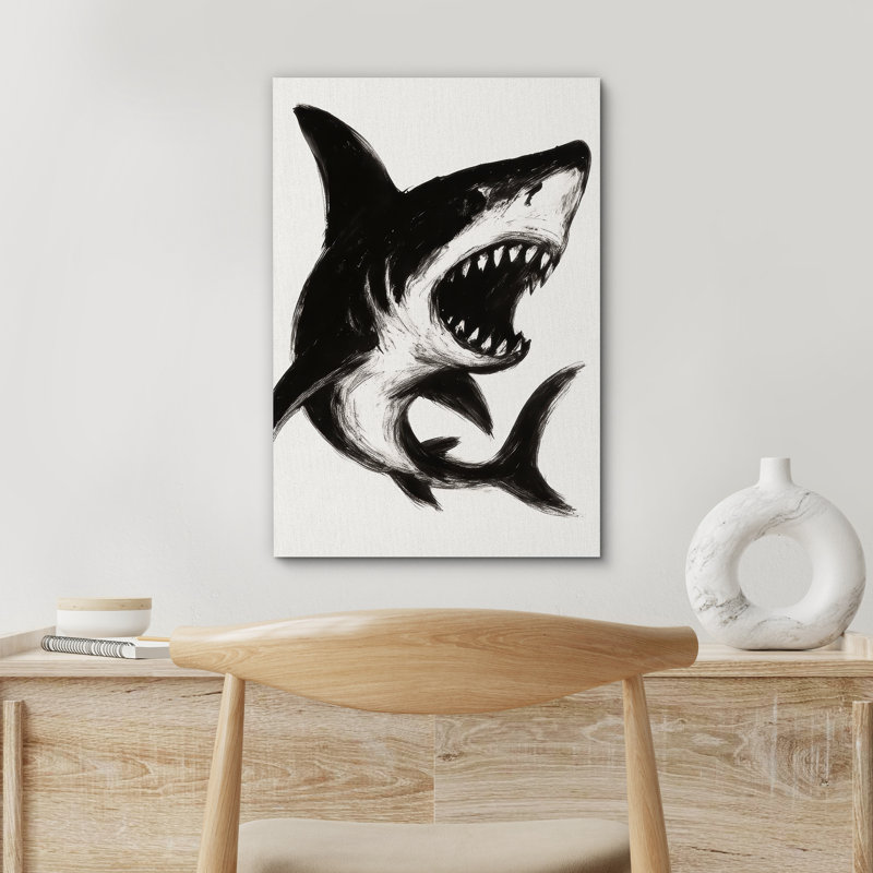 Black and White Shark Art - Pictures Framed Canvas Print Wall Art, 18" H x 12" W x 1.5" D, Wrapped Canvas