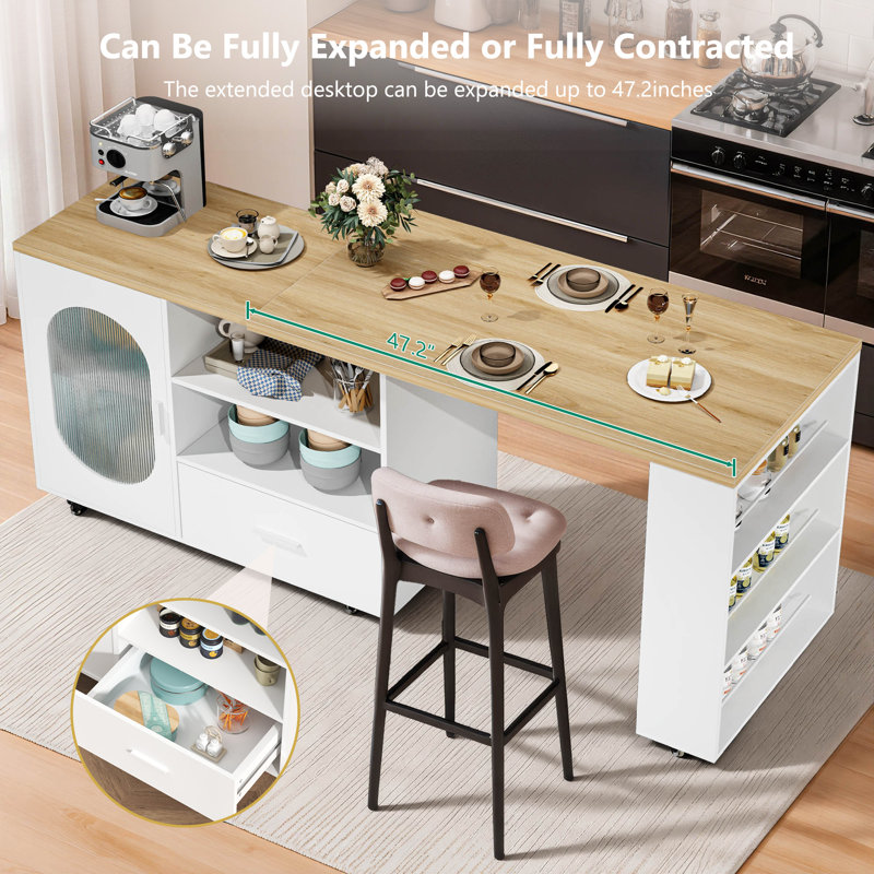 Îlot de cuisine avec table allongée, armoire de rangement et tiroirs, Chêne / Blanc