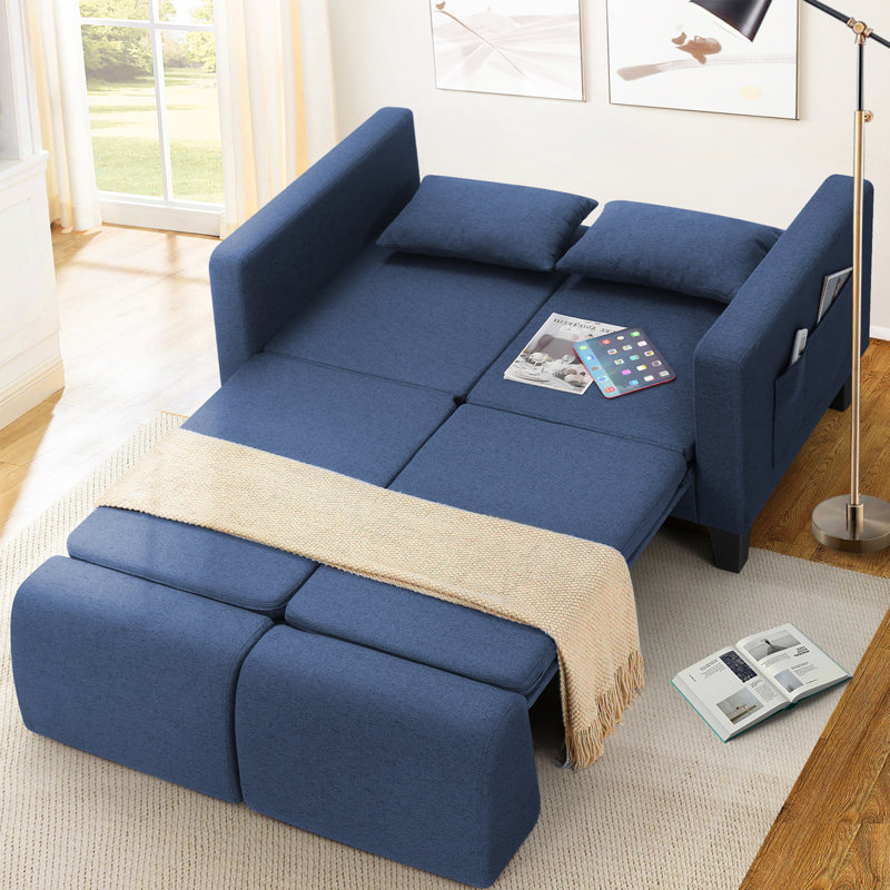 Canapé-lit convertible W-6-en-1 de 58,27 po Zhania, canapés-lits avec causeuse avec lit escamotable, dossier amovible, poches de rangement et 2 coussins, futon moderne en lin pliable pour petits espaces