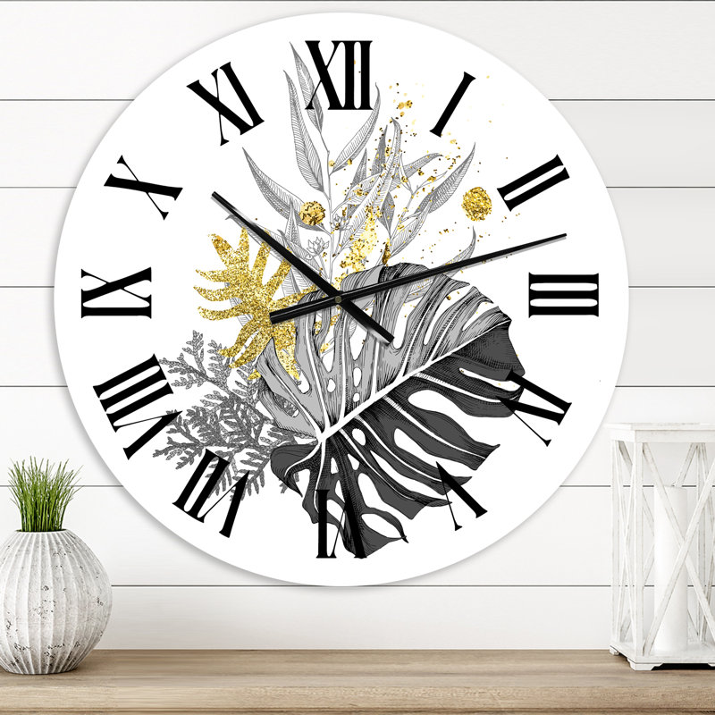 Bouquet de feuilles tropicales monochromes et dorées - Horloge murale tropicale, Surdimensionné