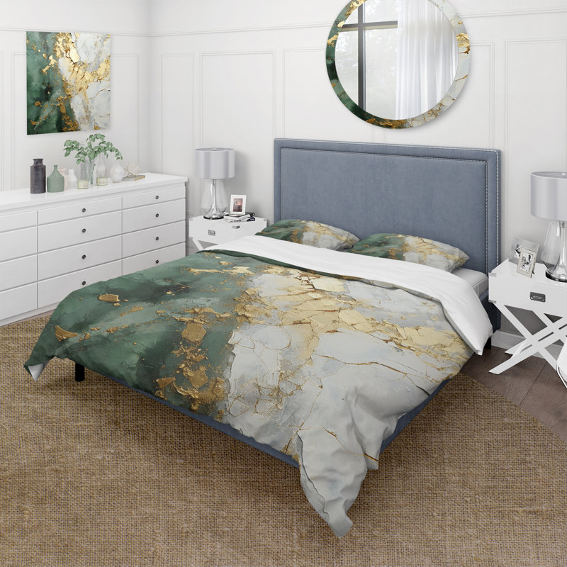 Ensemble de housse de couette peinture abstraite or et vert, Housse de couette pour grand lit et 2 taies décor