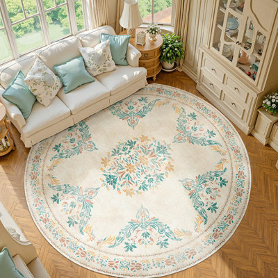 Vintage Floral Distressed Design Non-Slip Low-Pile Soft Thin Faux Wool Area Rug
