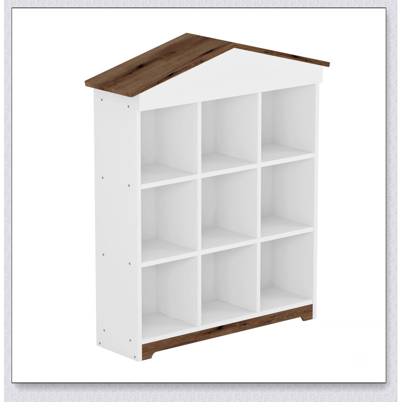House-shaped Storage Rack with Nine Storage Compartments, Three-layer Storage Shelf with Colorblock Design, Brown/White