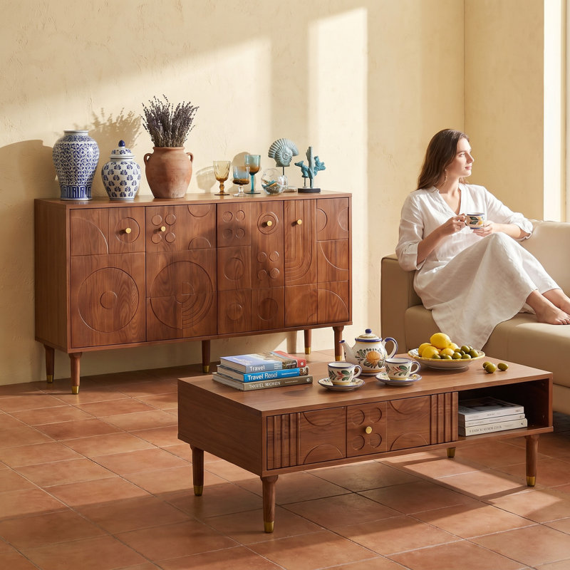 Ensemble de meubles 59 "et 47,2" en noyer, comprenant un buffet sculpté et une table basse en bois massif