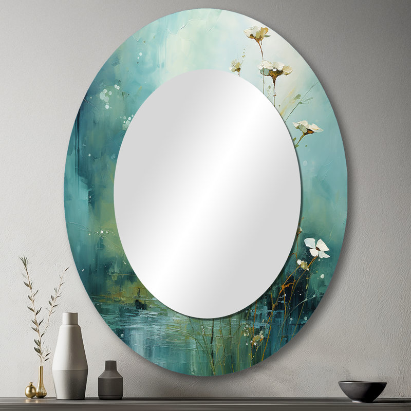 Misty Meadow IV - Grand miroir mural ovale sur métal, 43 po x 33 po