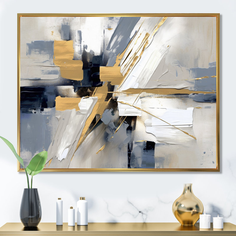 «Grey and Gold Transcendent Impressions I», art sur toile à formes abstraites, Cadre flottant doré